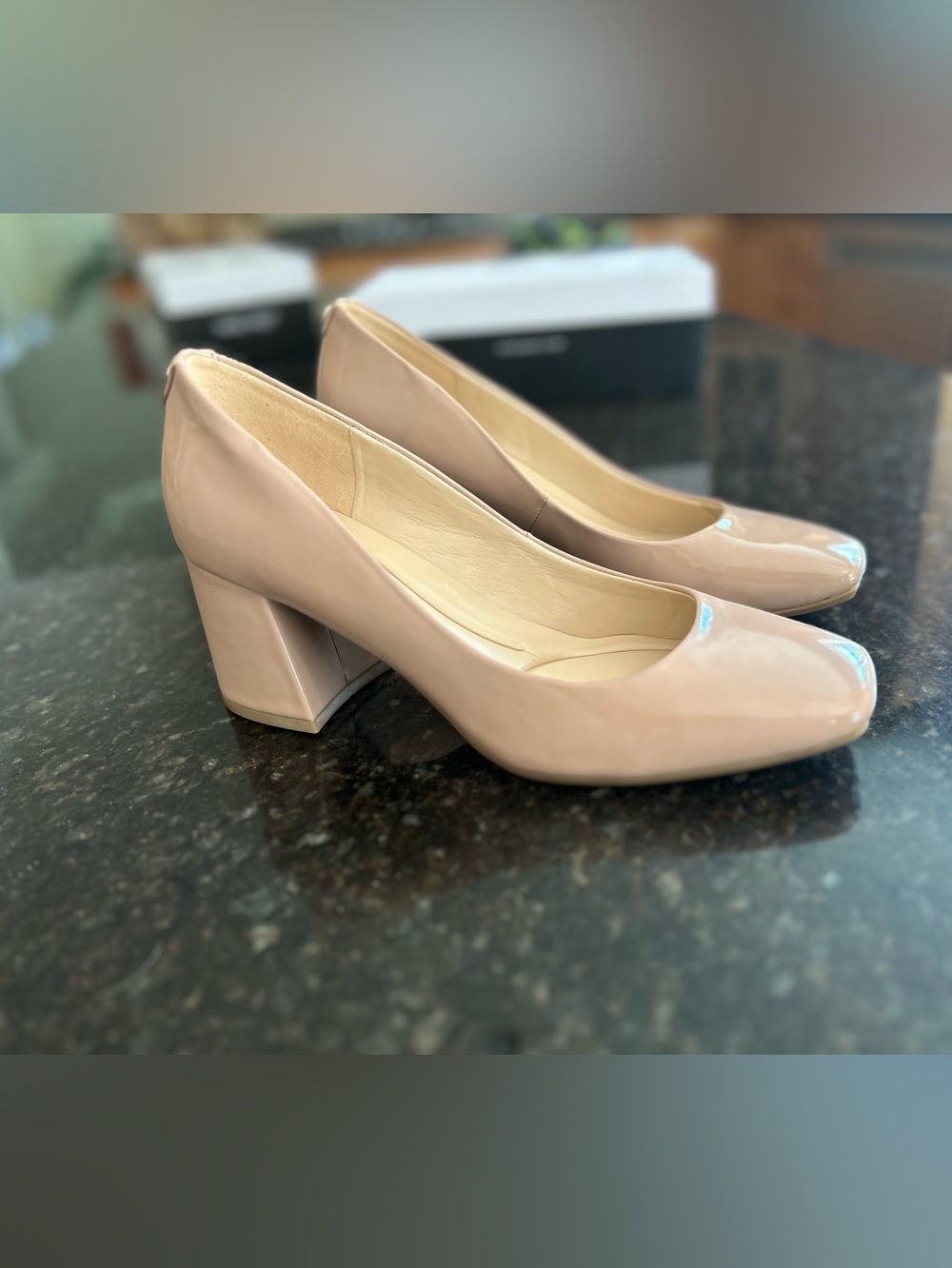 Nine West Women's Block Heel Pumps in patent Nude